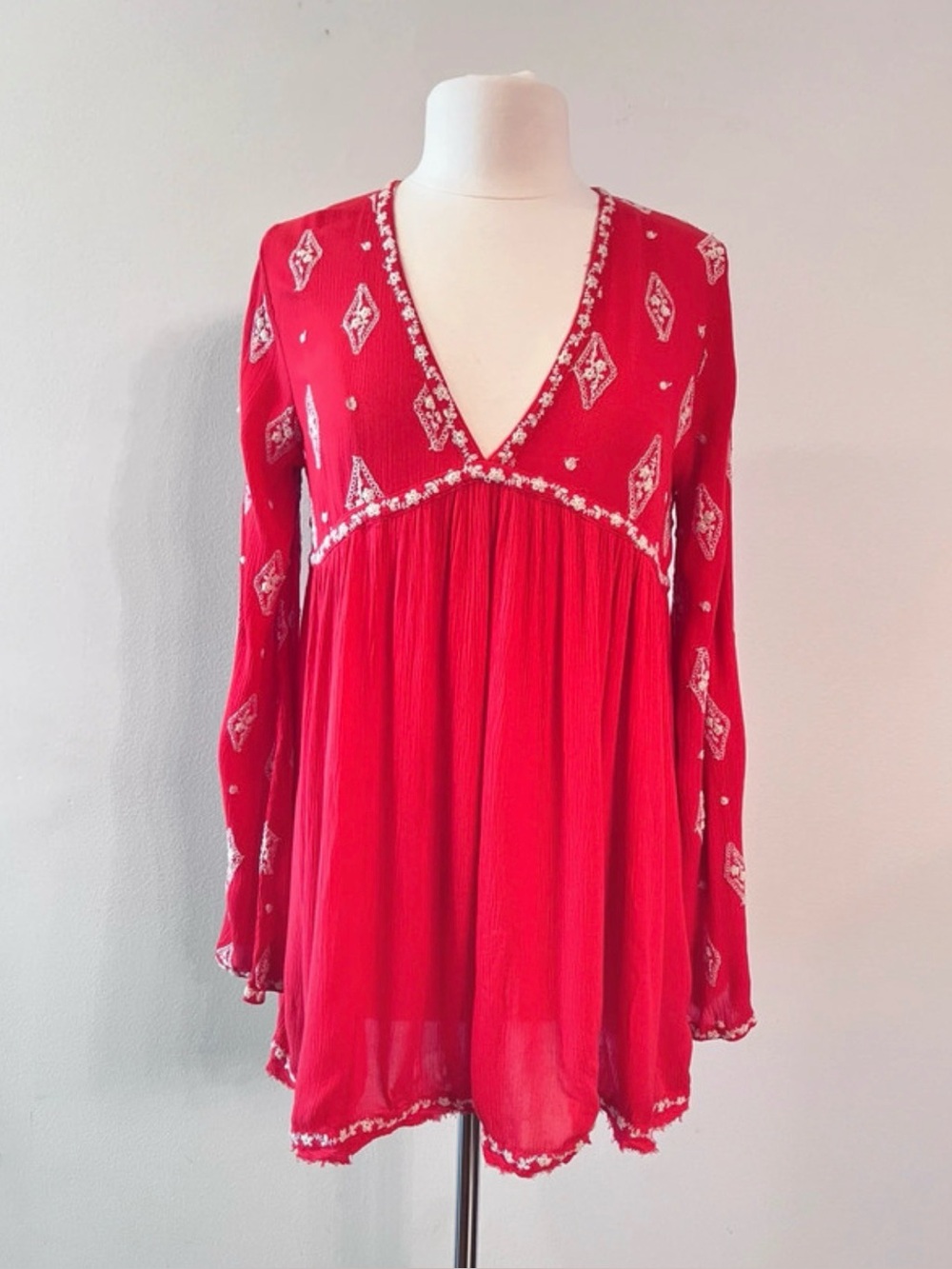 Free People Red Embroidered Crepe Tunic Blouse Dress Open Back Oversized Small